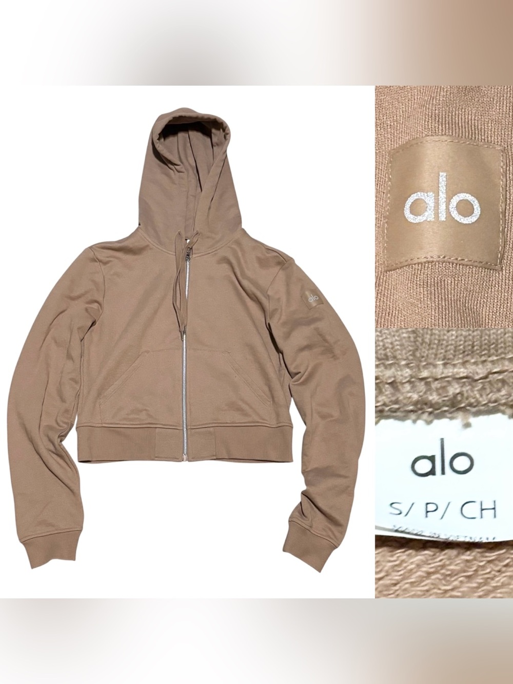 Alo Yoga Cropped Full Zip Hoodie Sweatshirt Women’s Size Small In Almond